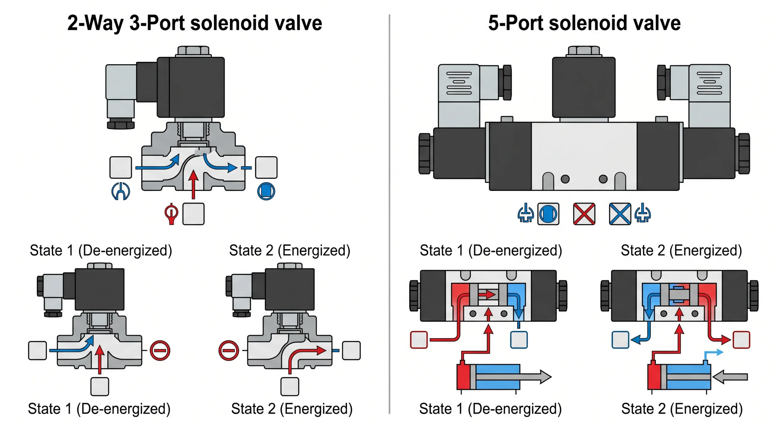 2 Way 3 Port vs 5 Port Solenoid Valve pneumatic valve comparison for cylinder control