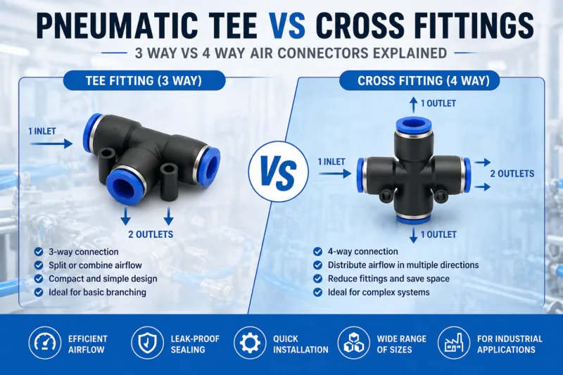 pneumatic tee vs cross fitting 3 way vs 4 way air connector