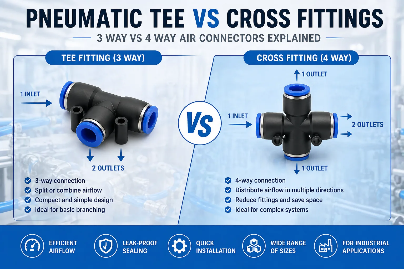 Pneumatic Tee vs Cross Fittings – 3 Way vs 4 Way Air Connectors Explained