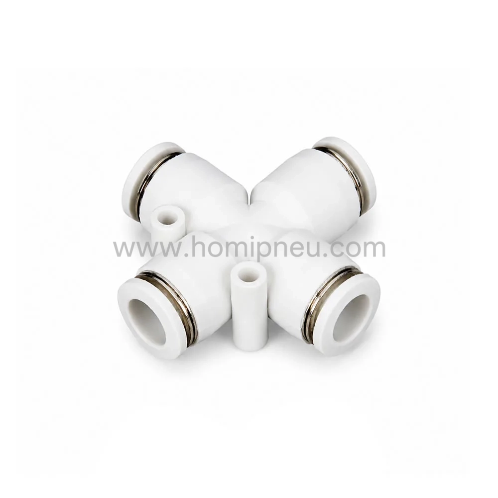 white PZA pneumatic cross fitting four way push to connect air tube connector