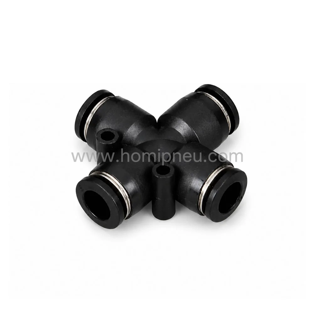 black PZA pneumatic cross fitting four way push to connect air tube connector