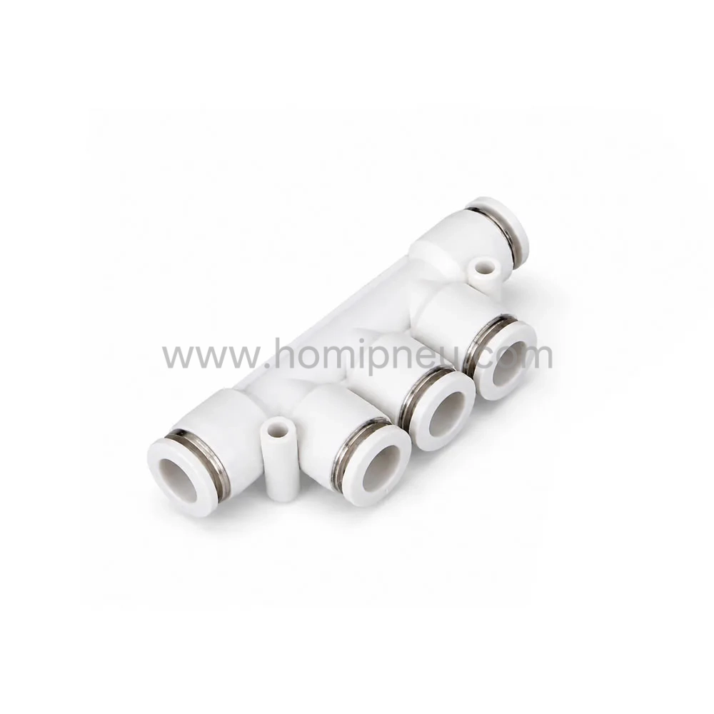 white PKG pneumatic five way reducing push to connect air tube distributor