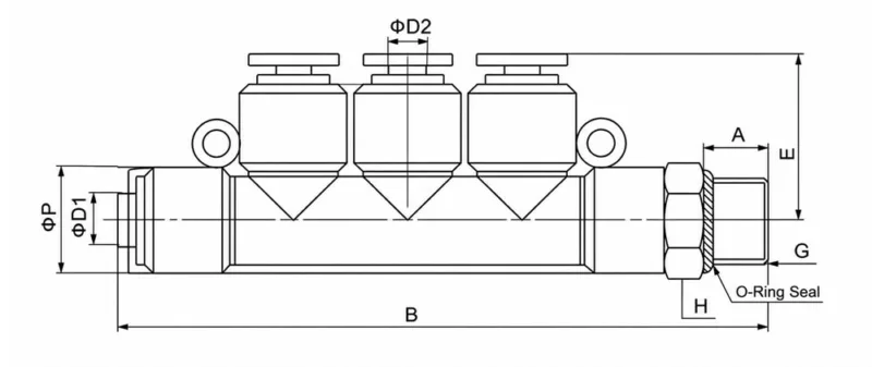 PKB-G nickel plated brass 5 way pneumatic fitting with O-ring seal