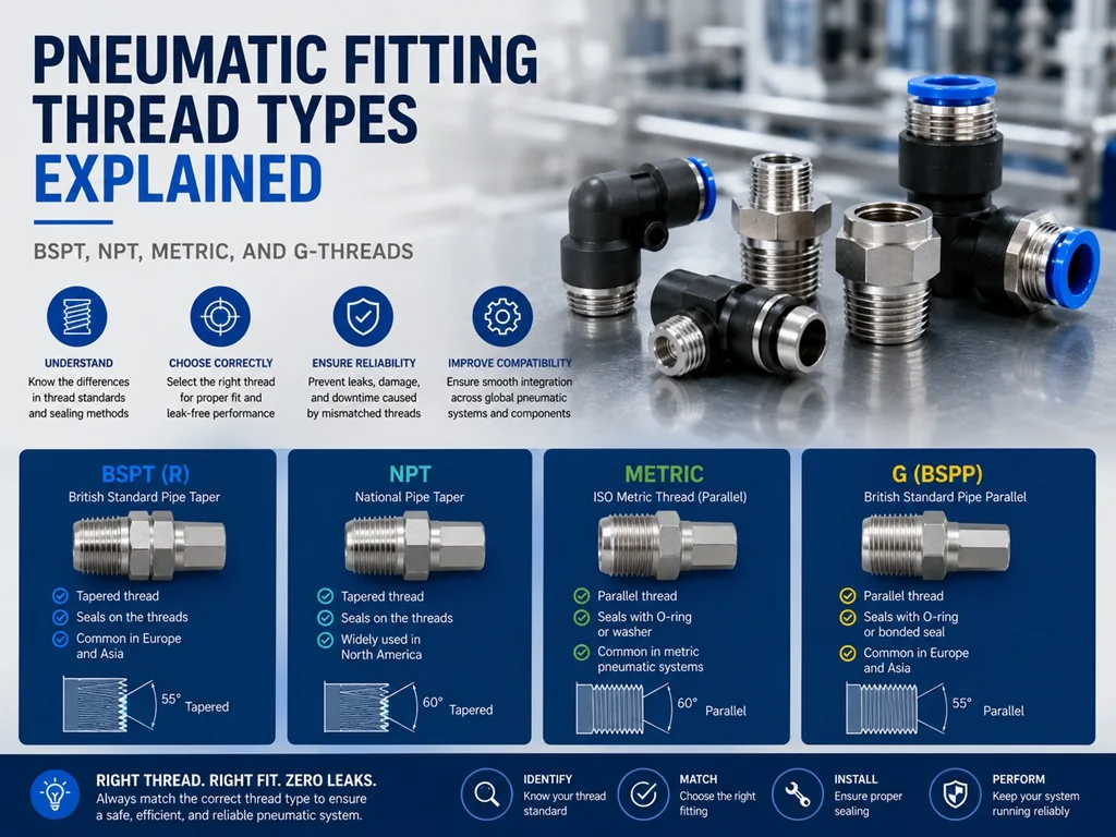 Pneumatic Fitting Thread Types Explained: BSPT, NPT, Metric and G Threads