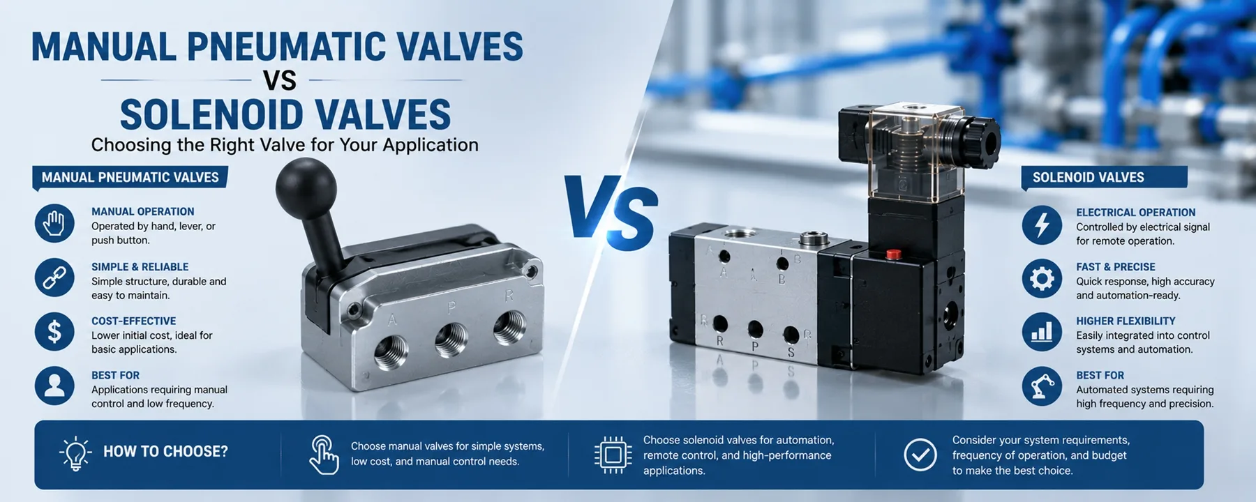 Manual Pneumatic Valves vs Solenoid Valves: Which to Use?