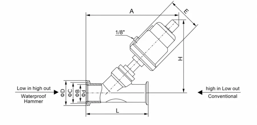 All Stainless Steel Pneumatic Quick-install Angle Seat Valve Dimensions