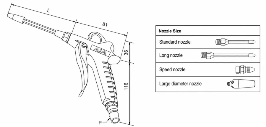 A018 Metal Air Gun Series for Pneumatic Cleaning Dimensions