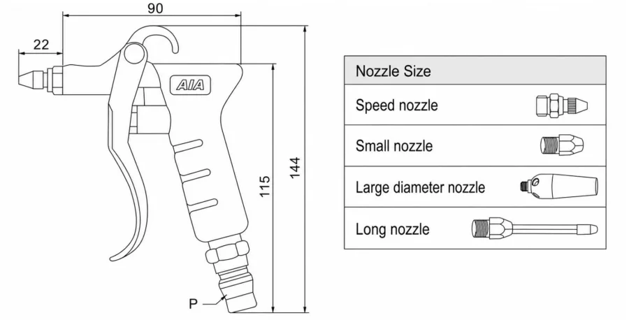 A098 Metal Air Gun Series for Pneumatic Cleaning Dimensions